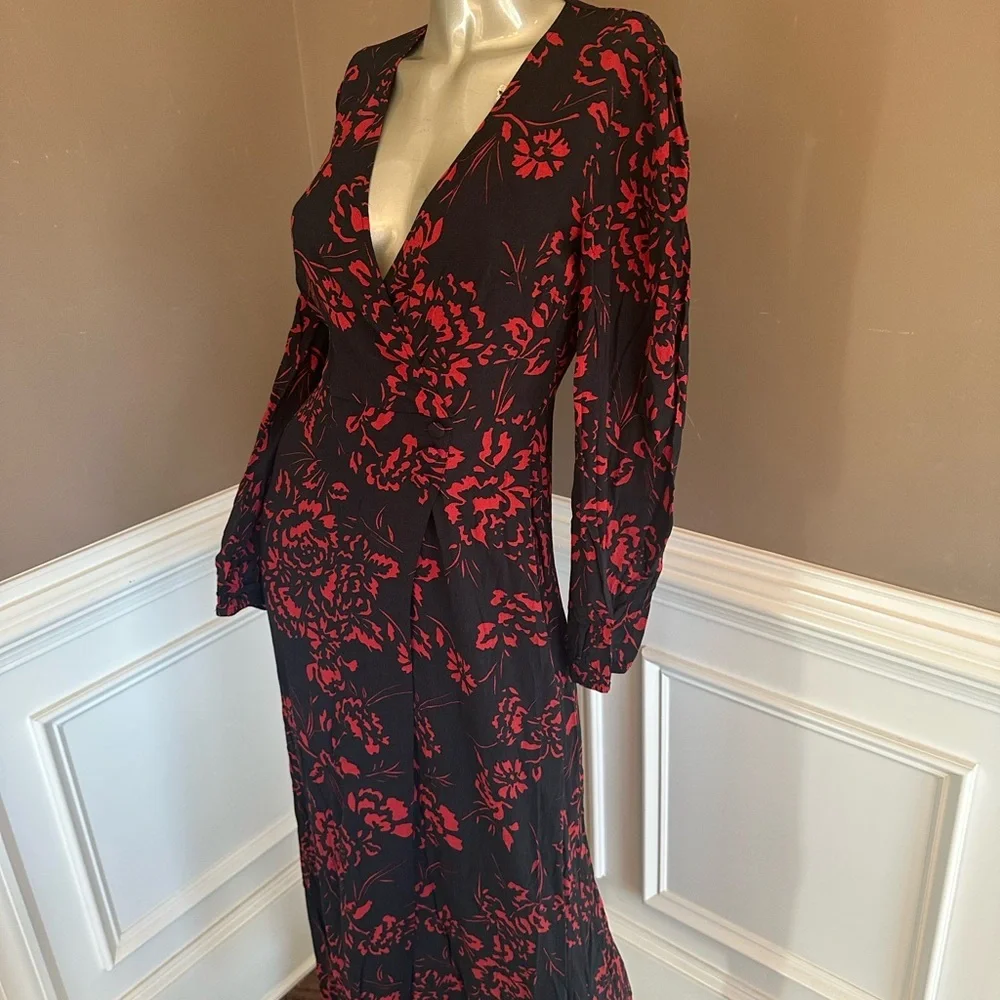 Zara Black and Red Floral Midi Dress Sz XS
